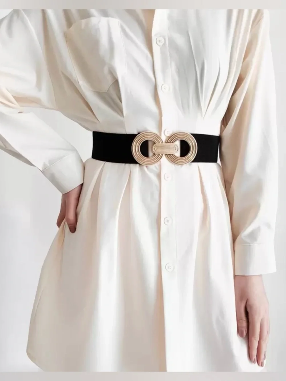Gold Buckle Black Elastic Waist Belt - Women's Accessory